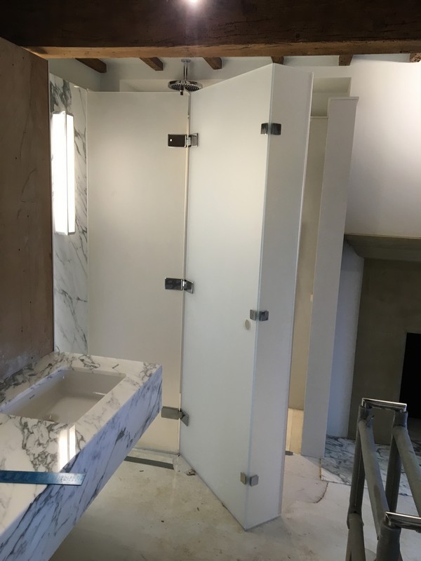 Bespoke frosted glass shower enclosure in Tottenham luxury bathroom